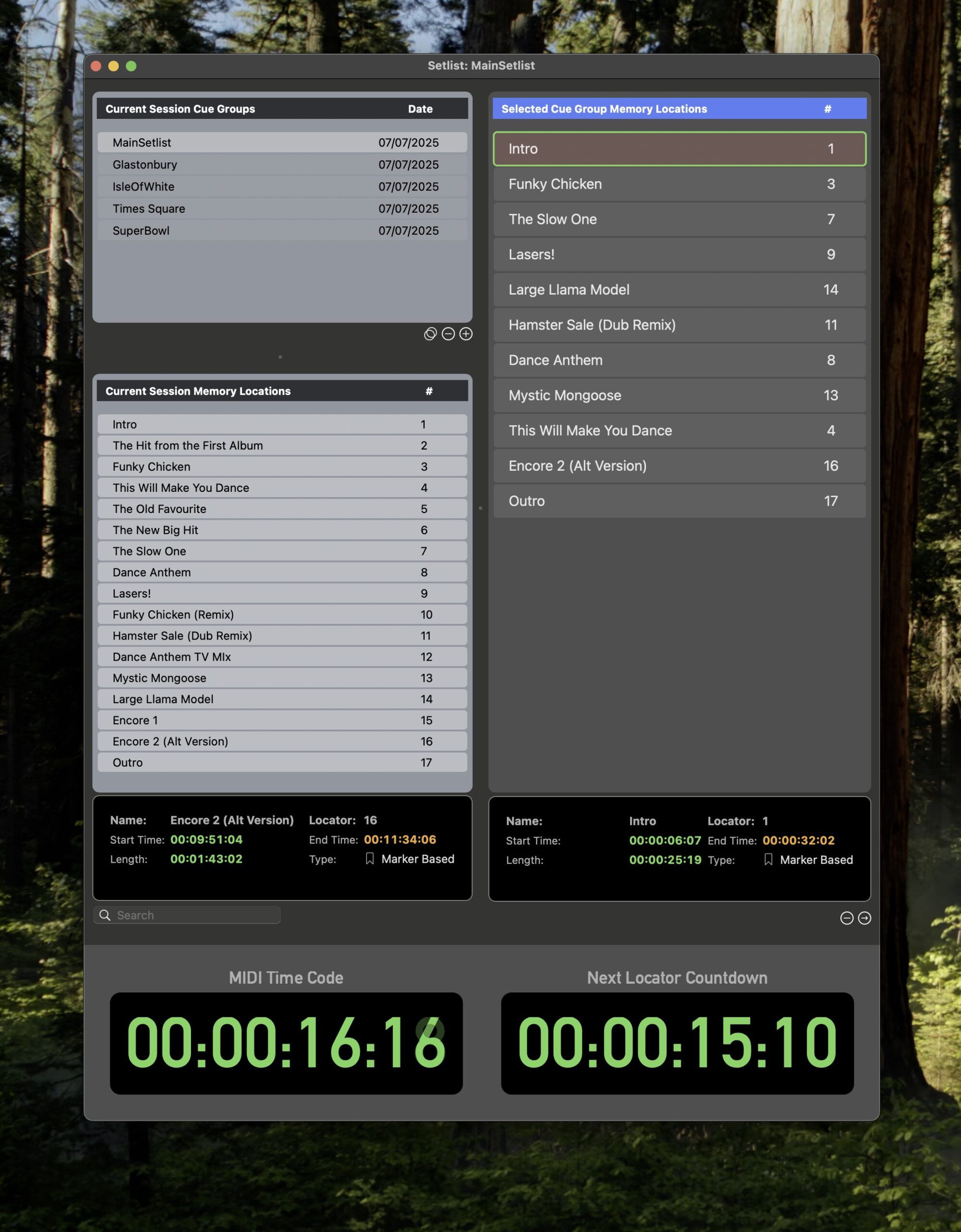 A computer screen displays a cue management software with lists of session cue groups, memory locations, and cue details. Large green timer displays at the bottom show MIDI Time Code and Next Locator Countdown times. Forest background visible.