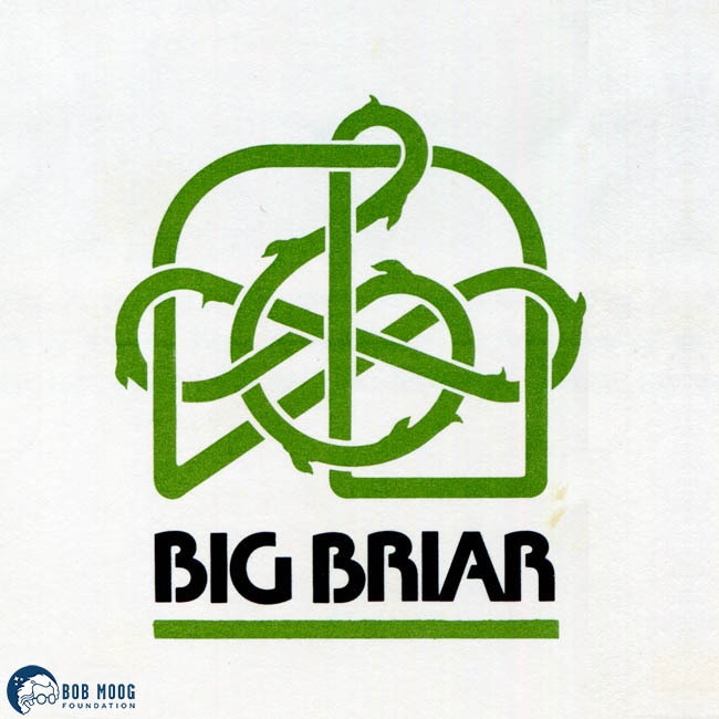 Green Celtic knot design with abstract leaf shapes above the bold black text BIG BRIAR on a white background. Bob Moog Foundation logo is in the lower left corner.