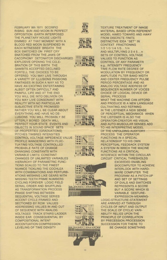 A yellowed page with central columns of typewriter-style text bordered by abstract, pixelated, black-and-white images of cityscapes and buildings running vertically down the center of the page.