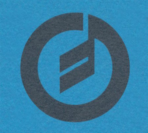 A dark gray circular logo with a central geometric design resembling a stylized e or 1, set against a blue background.