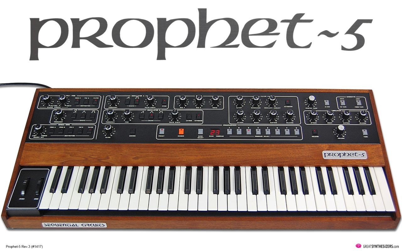 A vintage Sequential Circuits Prophet-5 synthesizer with wooden panels, black and white keys, and various knobs and switches, shown beneath a large prophet~5 logo.