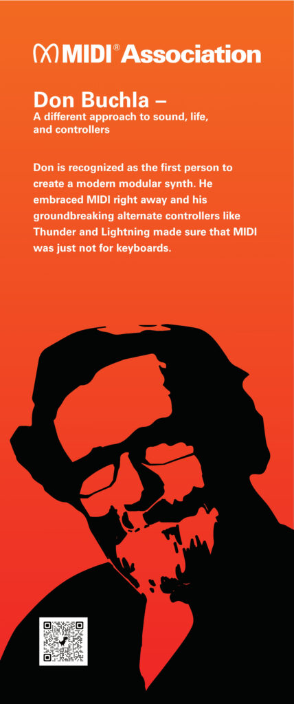 An orange-red graphic featuring a stylized silhouette of Don Buchla, with text highlighting his pioneering work in modular synthesizers and alternate MIDI controllers. Includes a QR code and the MIDI Association logo.