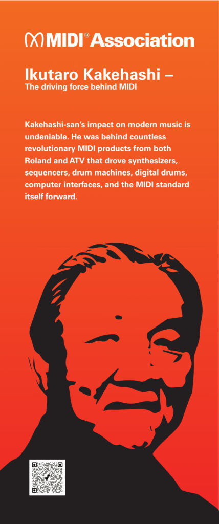 Vertical orange-red banner featuring the MIDI Association logo, a heading about Ikutaro Kakehashi—the driving force behind MIDI—and an illustrated portrait of him, with text describing his impact on modern music technology.