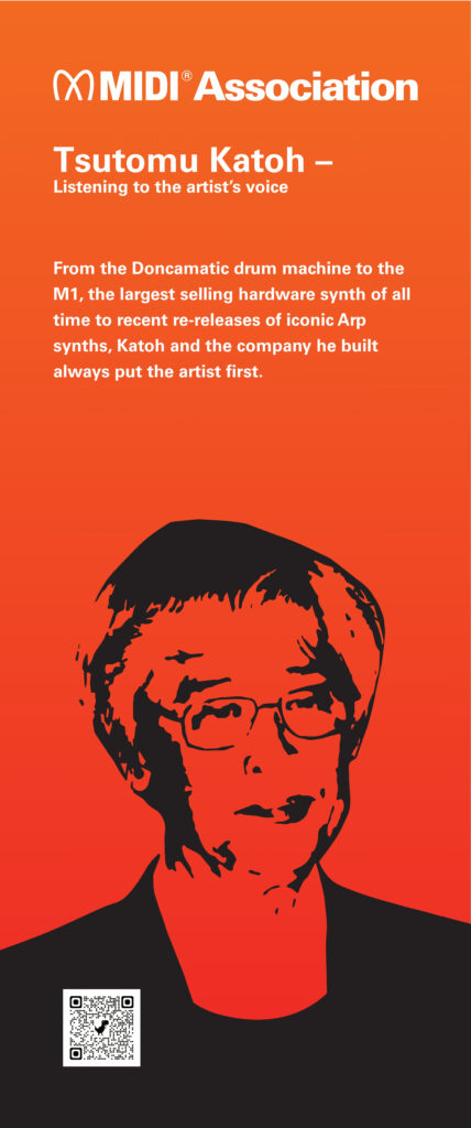Poster with MIDI Association logo, text about Tsutomu Katoh’s influence on synths like the Doncamatic and M1, and an illustrated portrait of Katoh on an orange-red background. There’s a QR code at the bottom.