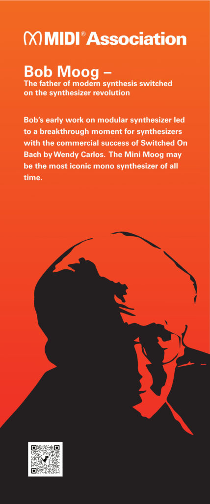 Vertical orange banner featuring a stylized silhouette of Bob Moog and text describing him as the father of modern synthesis, highlighting his impact on synthesizers and mentioning the Mini Moog and Switched On Bach.