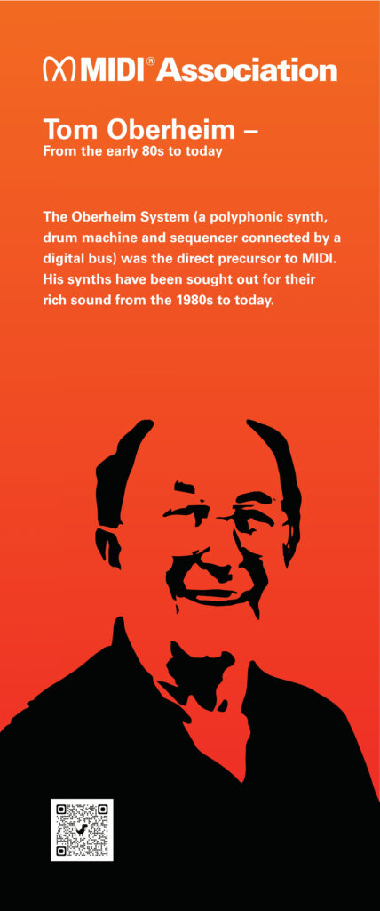 An orange graphic featuring the MIDI Association logo, with text about Tom Oberheim’s contributions to music technology, and a black and white illustrated portrait of Tom Oberheim smiling.