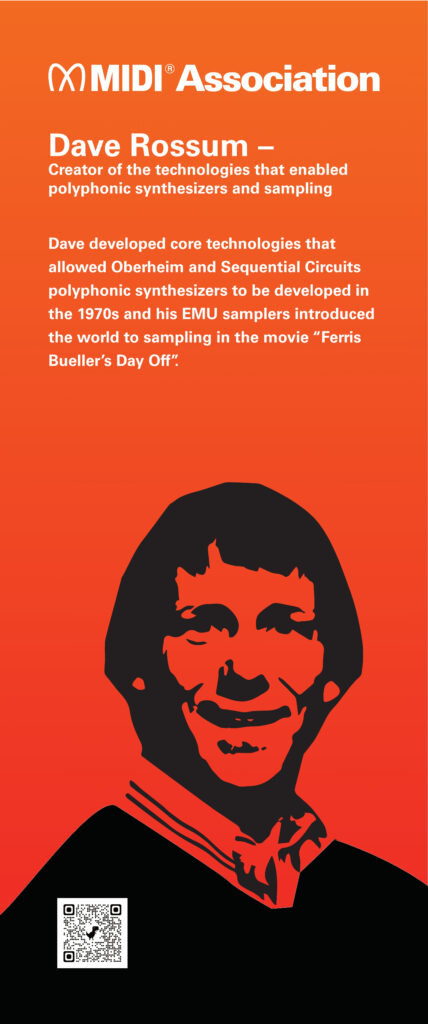 An orange and red graphic features text about Dave Rossum, creator of technologies for polyphonic synthesizers and sampling, with his black-and-white illustrated portrait and a QR code at the bottom.