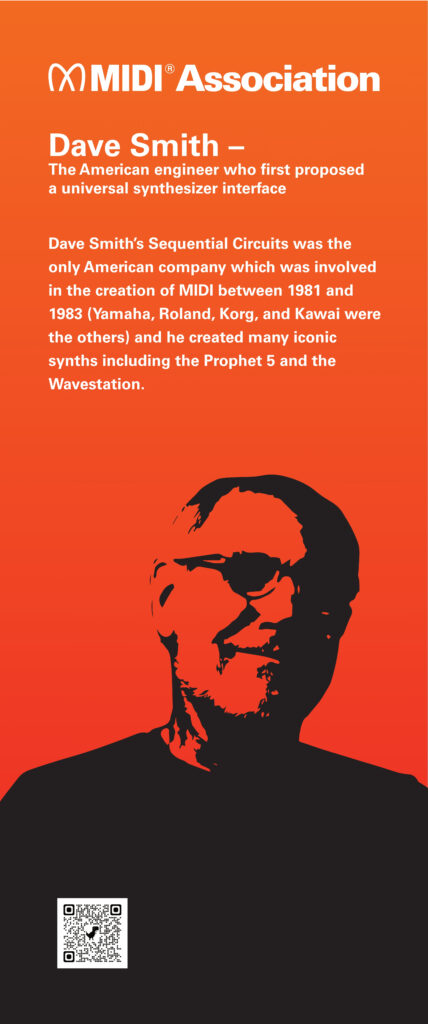 An orange poster featuring the MIDI Association logo, a silhouette of Dave Smith, and text about his role in developing MIDI and iconic synthesizers like the Prophet 5 and Wavestation; includes a QR code at the bottom.