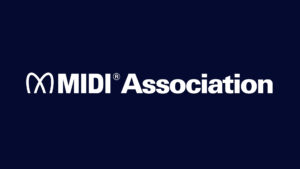 White MIDI Association text and logo on a dark blue background. The logo, resembling a stylized letter M, appears to the left of the word MIDI.