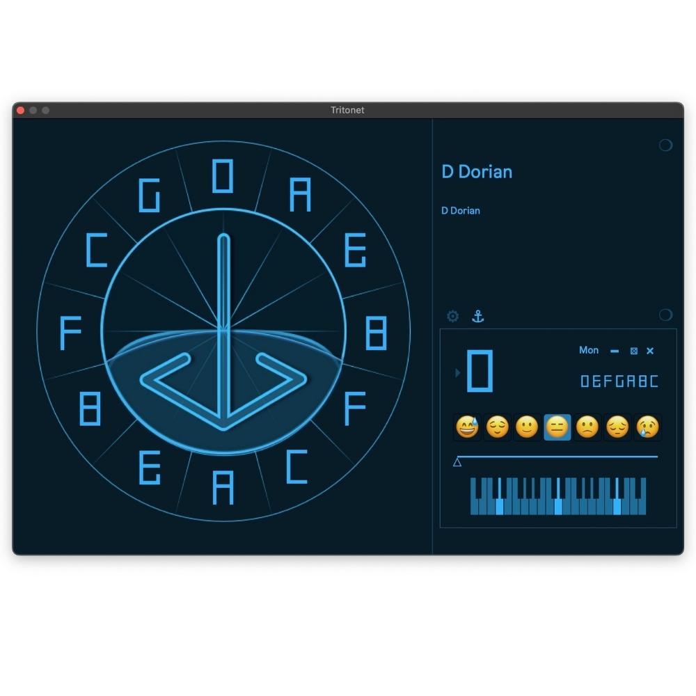 A digital interface displays a circle of fifths with highlighted notes, the words D Dorian, a virtual keyboard, and emojis with various facial expressions below a set of music notes.