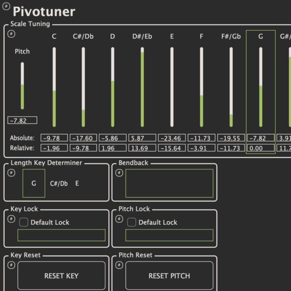 Screenshot of the Pivotuner Scaletune plugin interface, showing pitch sliders for notes C to G, with various tuning values, plus options for key, pitch lock, and reset key or pitch.