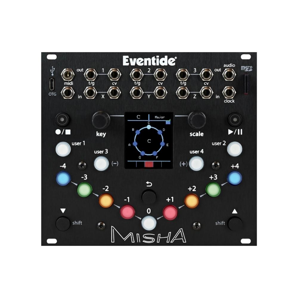 Front view of the Eventide Misha, a black modular synthesizer module with multiple input/output jacks, a central display screen, colored buttons, and labeled controls for key, scale, and other settings.