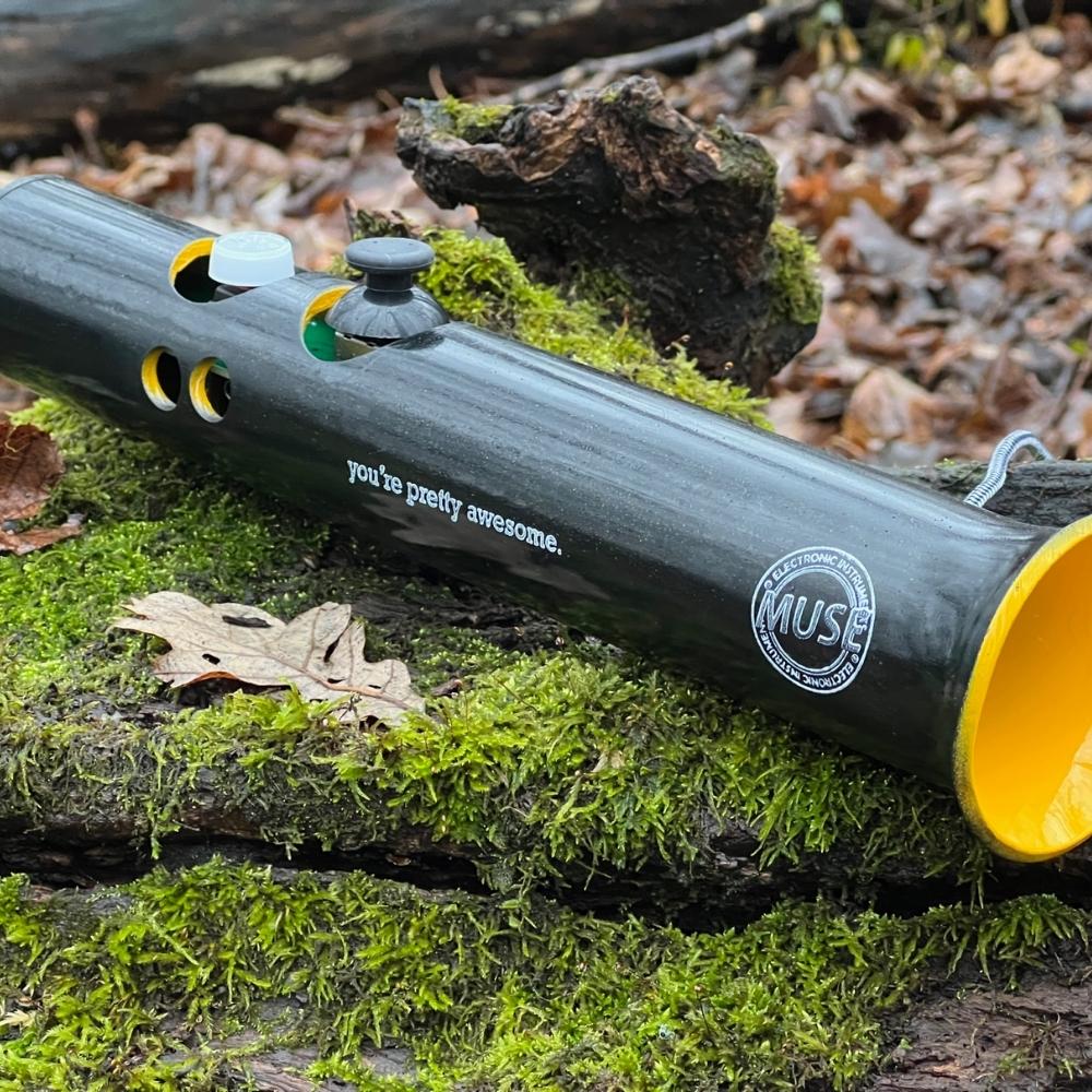 A black and yellow wind instrument labeled MUSE and youre pretty awesome rests on green moss in a forest setting with fallen leaves and a decaying log in the background.