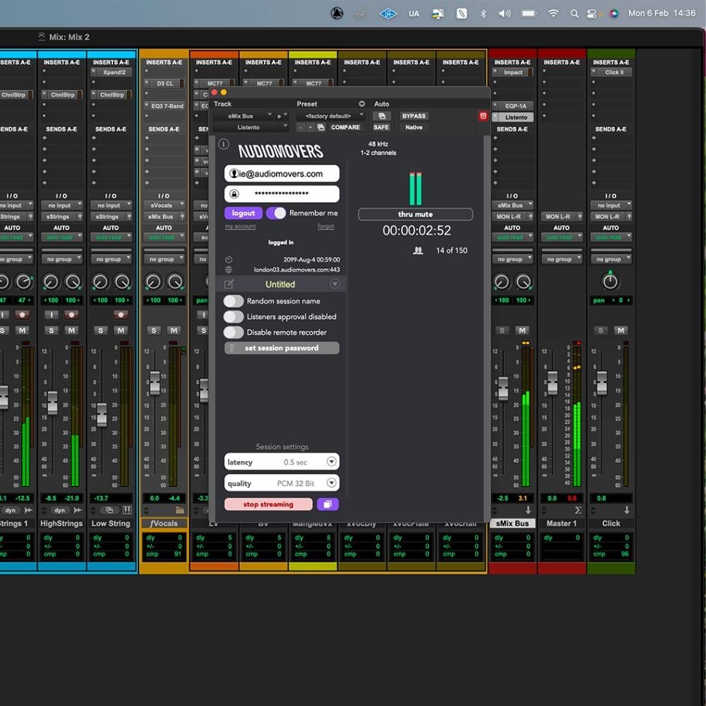 A computer screen shows a digital audio workstation with multiple audio tracks and levels. In the center, a recording software window displays an active session with time elapsed and user login details.