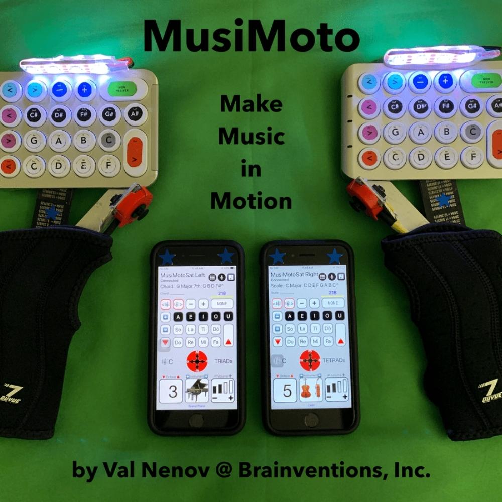 Two electronic devices with colorful buttons and two smartphones displaying music apps are placed on a green surface. The text reads: MusiMoto, Make Music in Motion, by Val Nenov @ Brainventions, Inc.