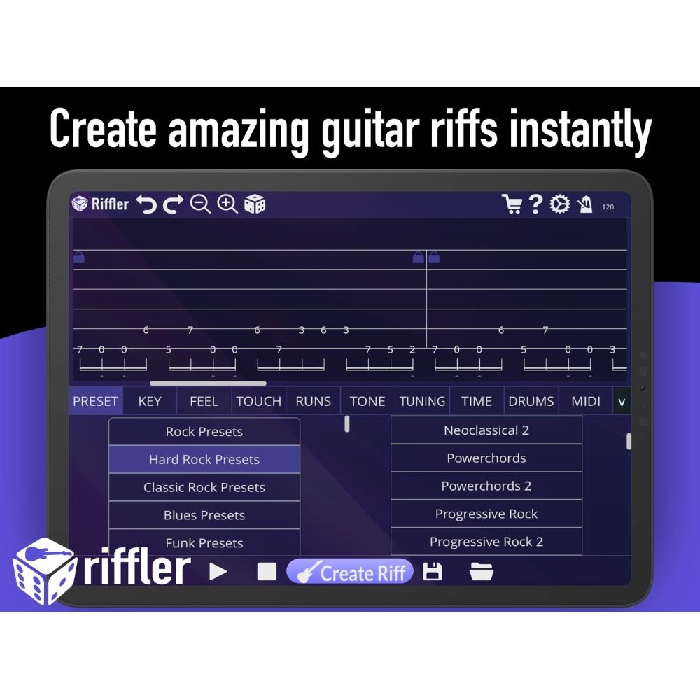 A tablet screen displays the Riffler app interface for creating guitar riffs, showing music presets, tuning options, and a digital fretboard under the text Create amazing guitar riffs instantly.