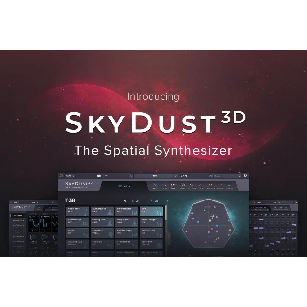 Promotional image for SkyDust 3D, a spatial synthesizer. The background is a cosmic scene with a pink nebula, and synthesizer software interface panels are partially visible at the bottom.