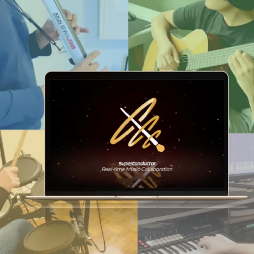 A laptop displays the Superconductor Real-time Music Collaboration logo. Surrounding the screen, four musicians play different instruments: wind controller, guitar, drums, and keyboard.