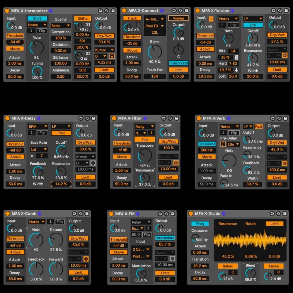A grid of nine audio effect plugin interfaces, each with various knobs, sliders, and buttons labeled with parameters like threshold, amount, gain, mix, frequency, and more. Each interface displays a unique effect module.