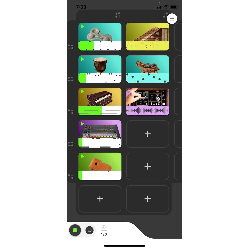 A smartphone screen shows a music app with colored tiles displaying images of musical instruments, audio equipment, and a waveform, arranged in a grid with some empty slots marked by plus signs.