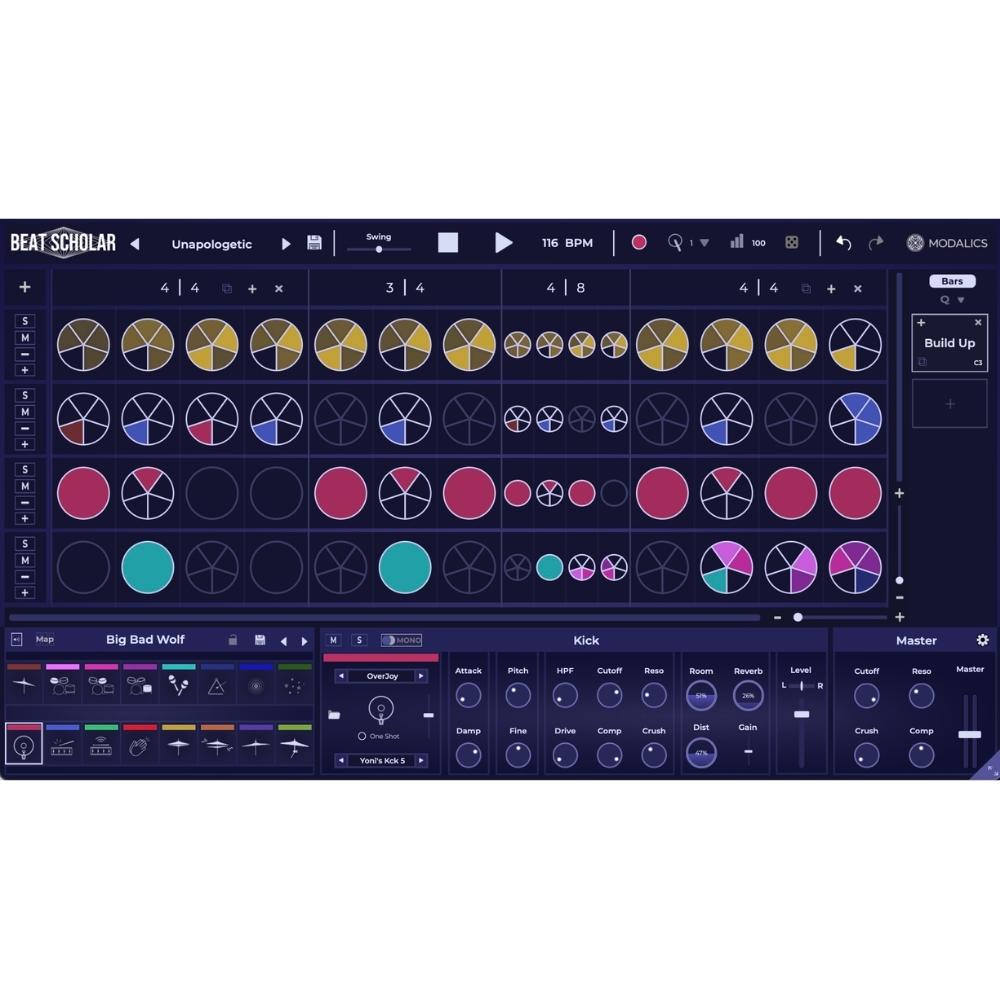 A digital music production interface featuring circular sequencer patterns in various colors and sizes, controls for tempo and effects, and labeled sections for editing beats and instrument parameters.