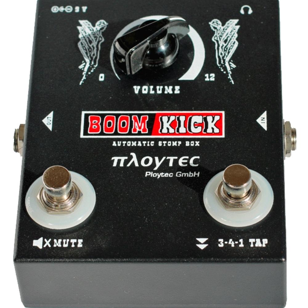 A black pedal labeled BOOM KICK with a large volume knob, two footswitches labeled MUTE and 3-4-1 TAP, and the brand name Ploytec printed below the controls.