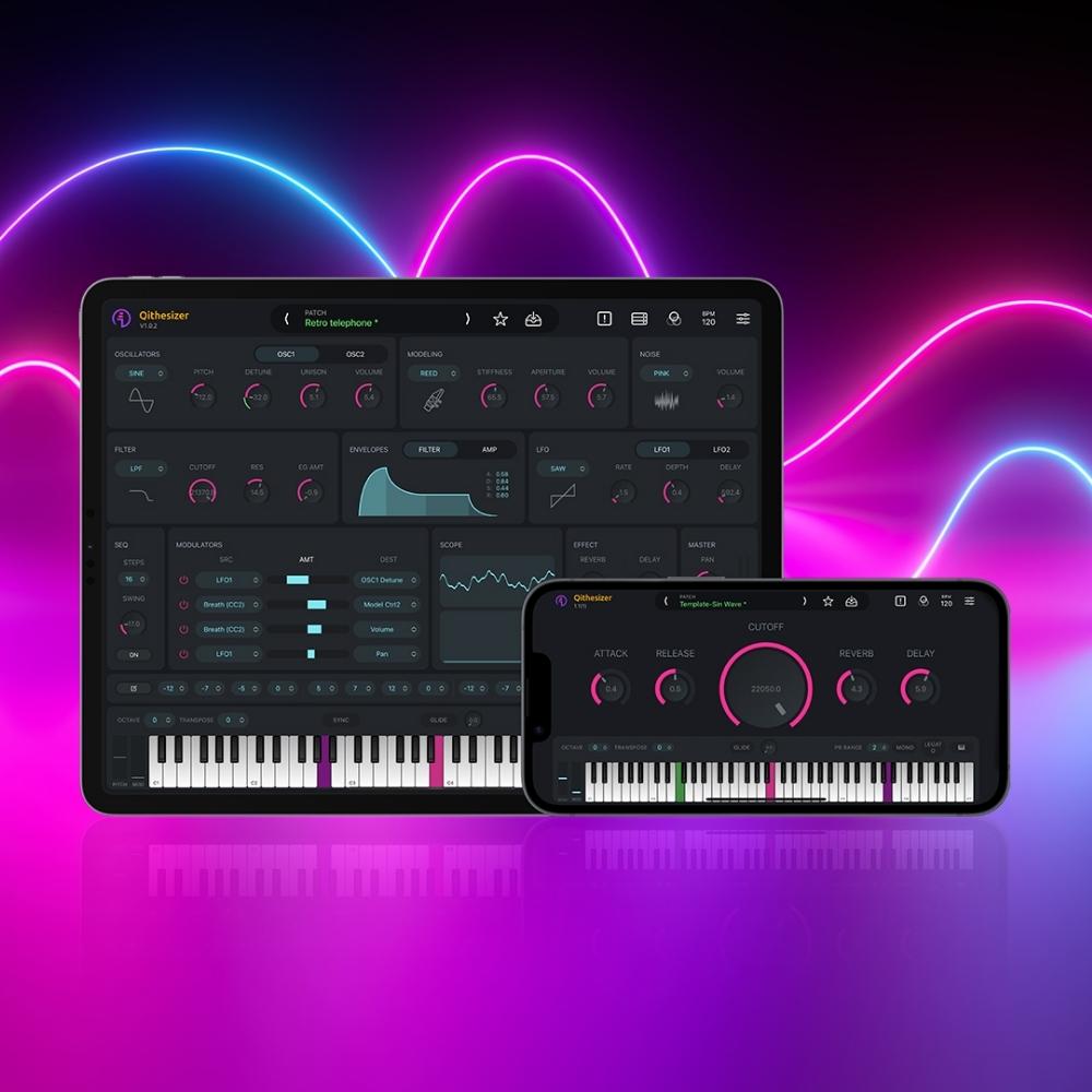 A digital synthesizer interface displayed on a tablet and smartphone, featuring knobs, sliders, and a keyboard, set against a vibrant background with pink and blue neon light waves.