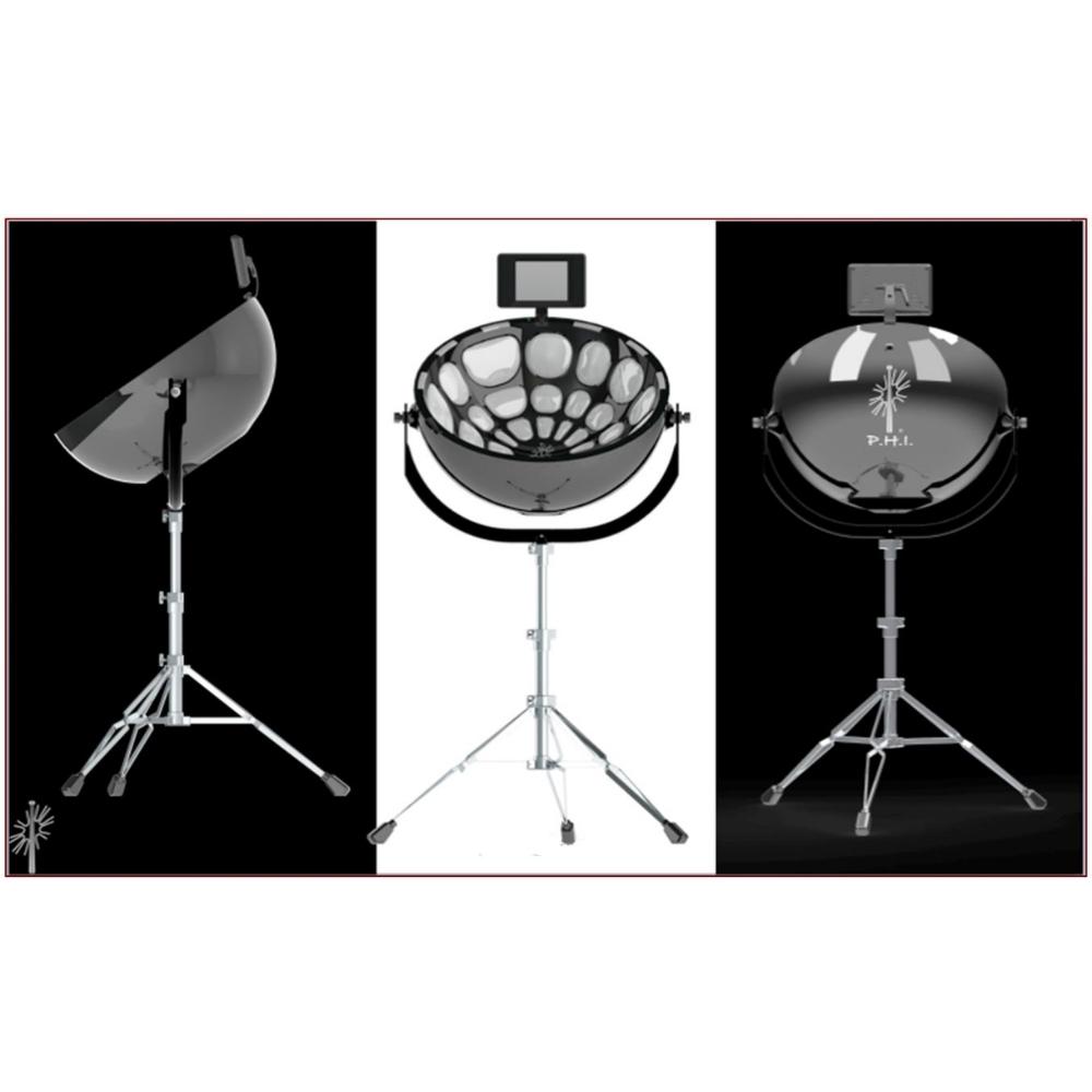 Three views of a metallic, dome-shaped professional hair steamer on a tripod stand, shown from the side, above, and front, with a small rectangular control screen attached.