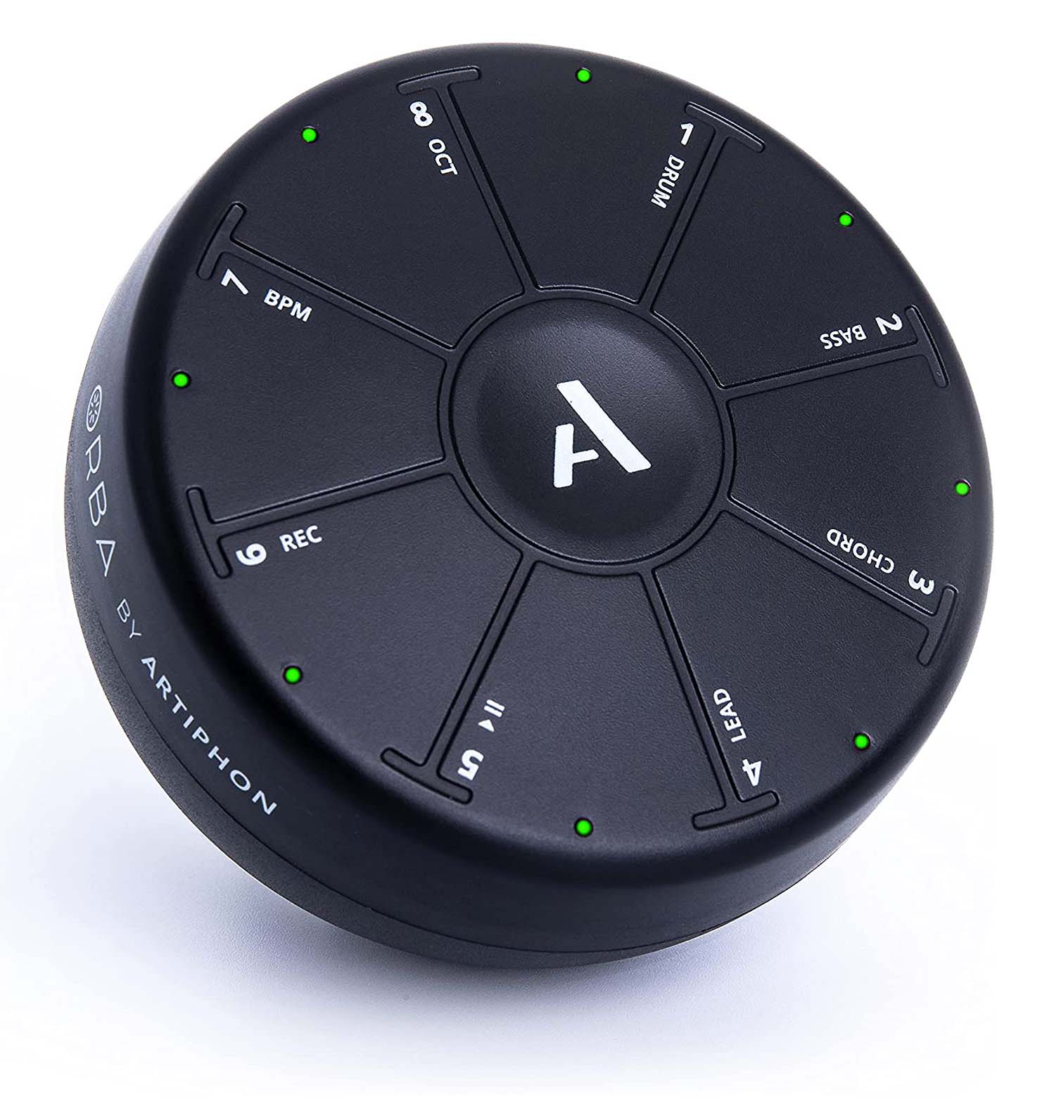 A round, black electronic music device with labeled touch-sensitive pads, green indicator lights, and “ORB A by Artiphon” written on the side. The device features a central logo and is photographed on a white background.