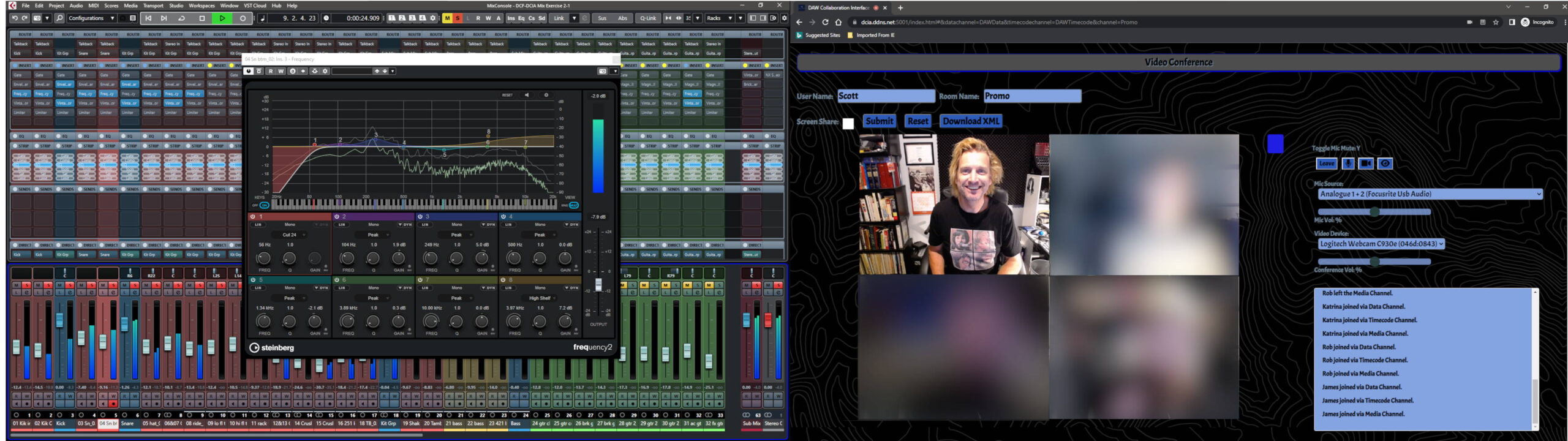 A computer screen is split between digital audio mixing software with EQ controls on the left and a video conference with four participants—one clearly visible, three blurred—on the right.