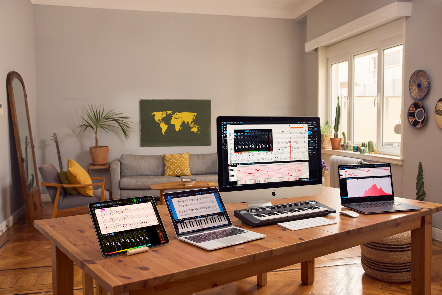 A home office setup with an iMac, laptop, tablet, and smartphone on a wooden table, each displaying music software. A keyboard sits beneath the monitors. A sofa, plants, and wall art decorate the cozy room in the background.