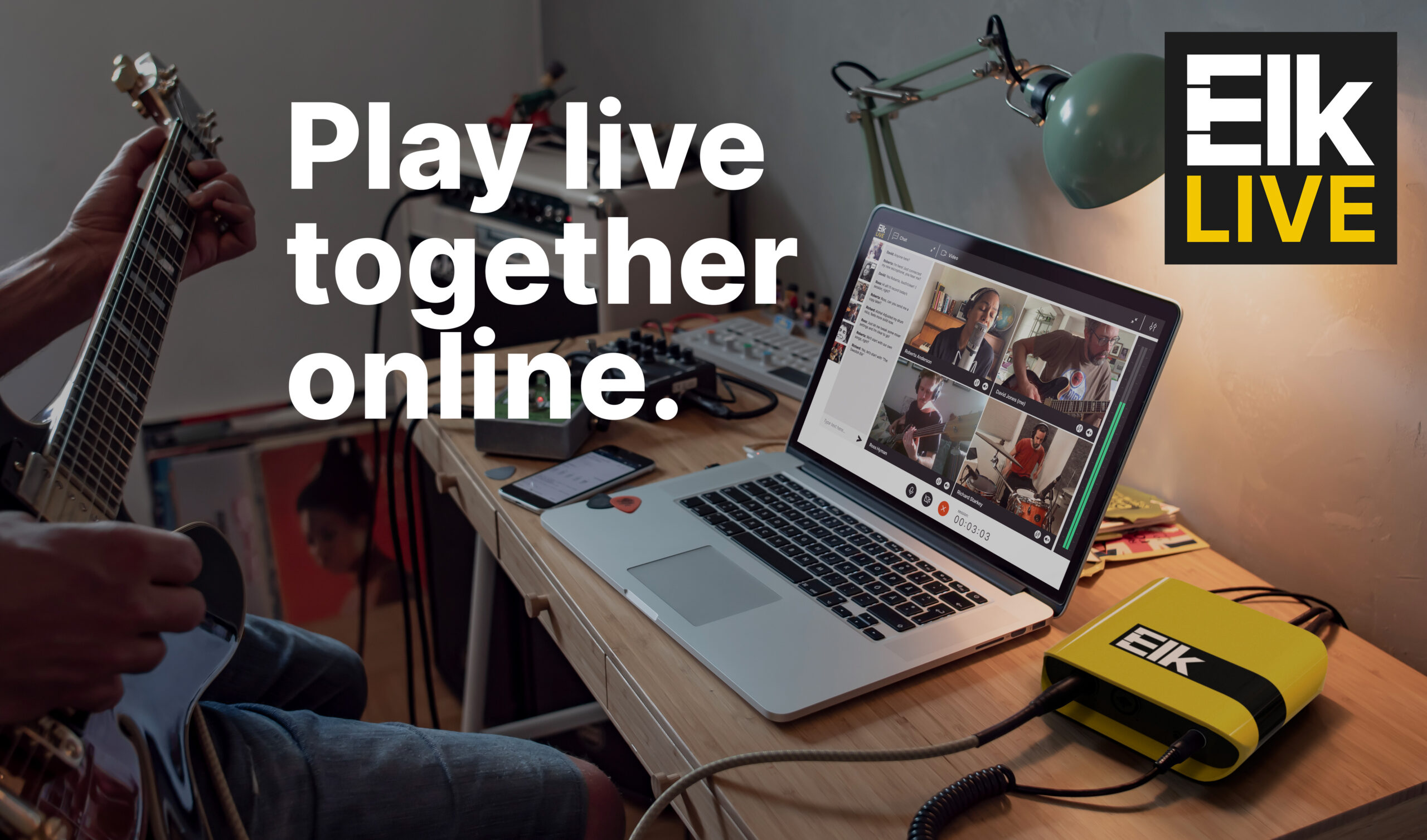 A person plays guitar at a desk with a laptop showing a video call of musicians. Text reads, “Play live together online.” A yellow Elk Live device is next to the laptop. Elk Live logo is in the top right corner.