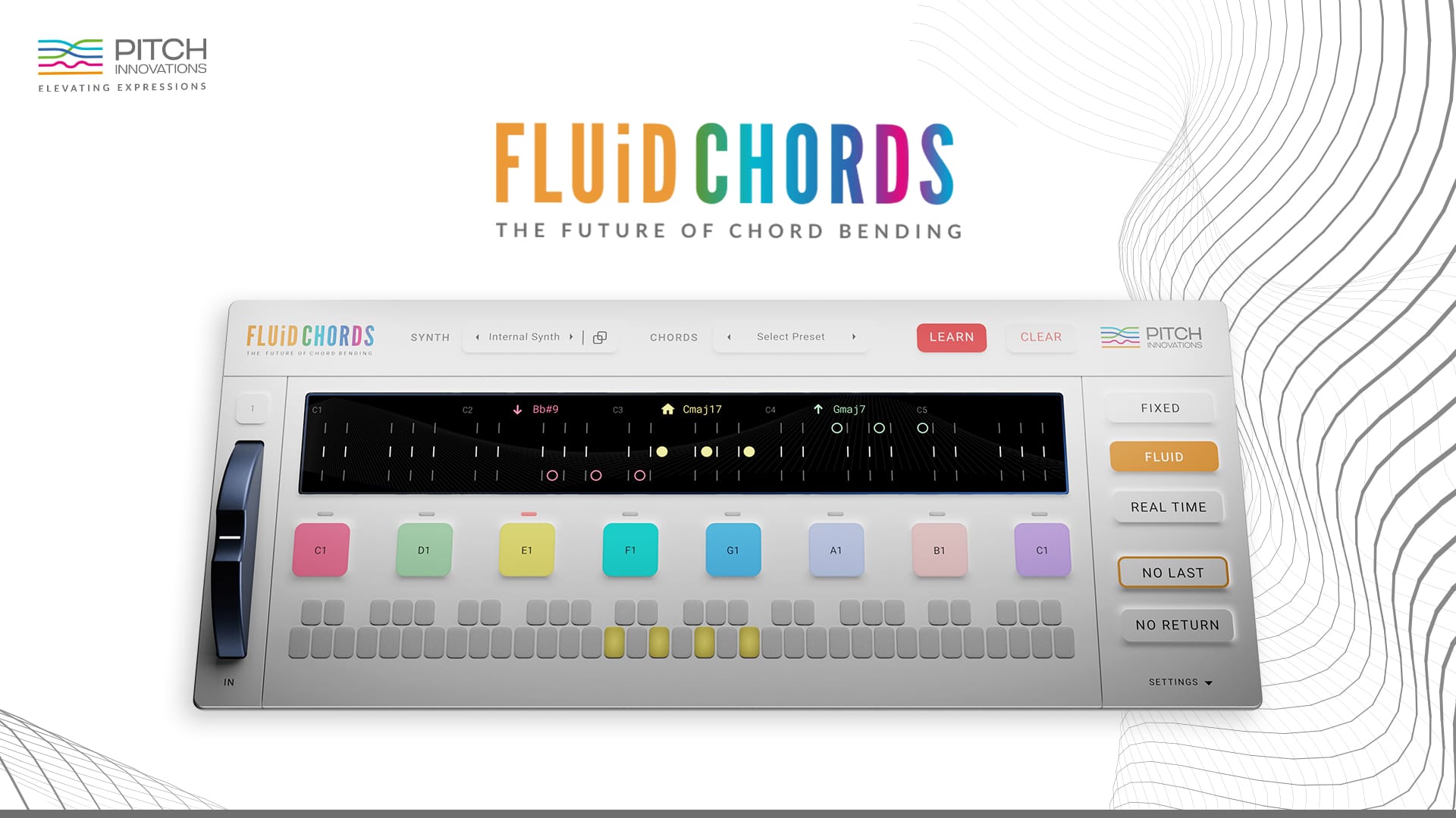 Screenshot of the Fluid Chords software interface by Pitch Innovations, showing colorful chord pads, control buttons, and a visual display for chord bending, with the tagline The Future of Chord Bending.