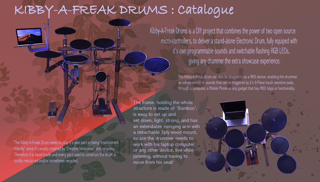 A digital poster for KIBBY-A-FREAK DRUMS shows an electronic drum kit connected to a laptop, with descriptive text highlighting its features, bamboo frame, RGB LEDs, and MIDI compatibility on a purple background.
