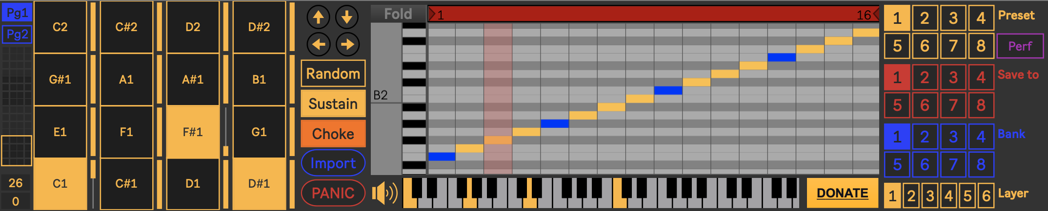 A digital music interface with piano keys, a grid sequencer showing a diagonal pattern, various control buttons, and sections for presets and saving. Some pads and grid cells are highlighted in yellow, blue, and orange.