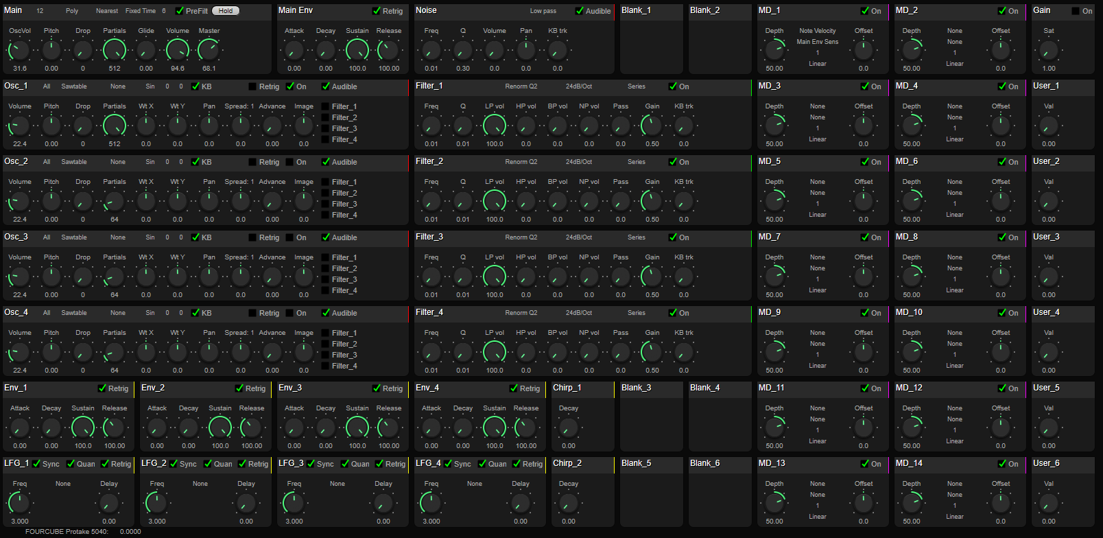 A digital audio synthesizer interface with multiple rows and columns of knobs, buttons, and sliders for controlling oscillators, filters, envelopes, modulators, and effects. Green highlights indicate active controls and values.