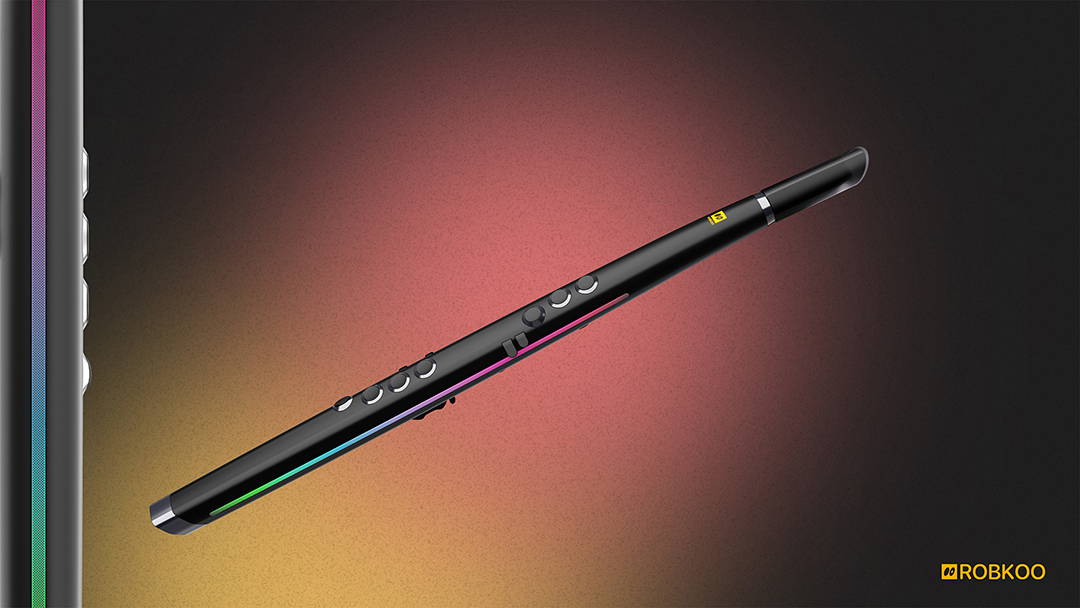 A sleek, black digital wind instrument with buttons and LED lights along its body is shown on a gradient background. The edge of a device appears on the left, and the ROB KOO logo is in the bottom right corner.