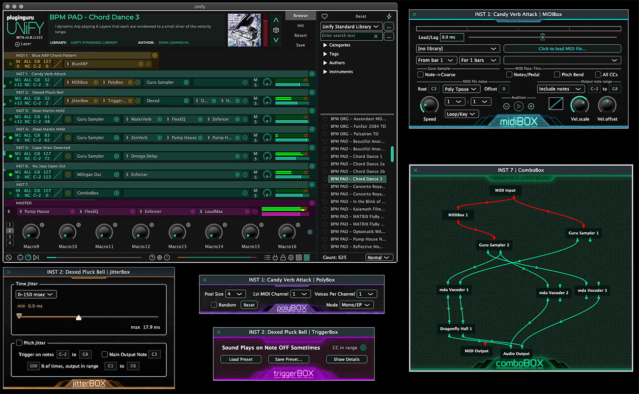 Screenshot of a complex music production software interface with multiple windows showing layered tracks, controls for midi and audio routing, waveform displays, effect parameters, and a visual node-based signal flow diagram.