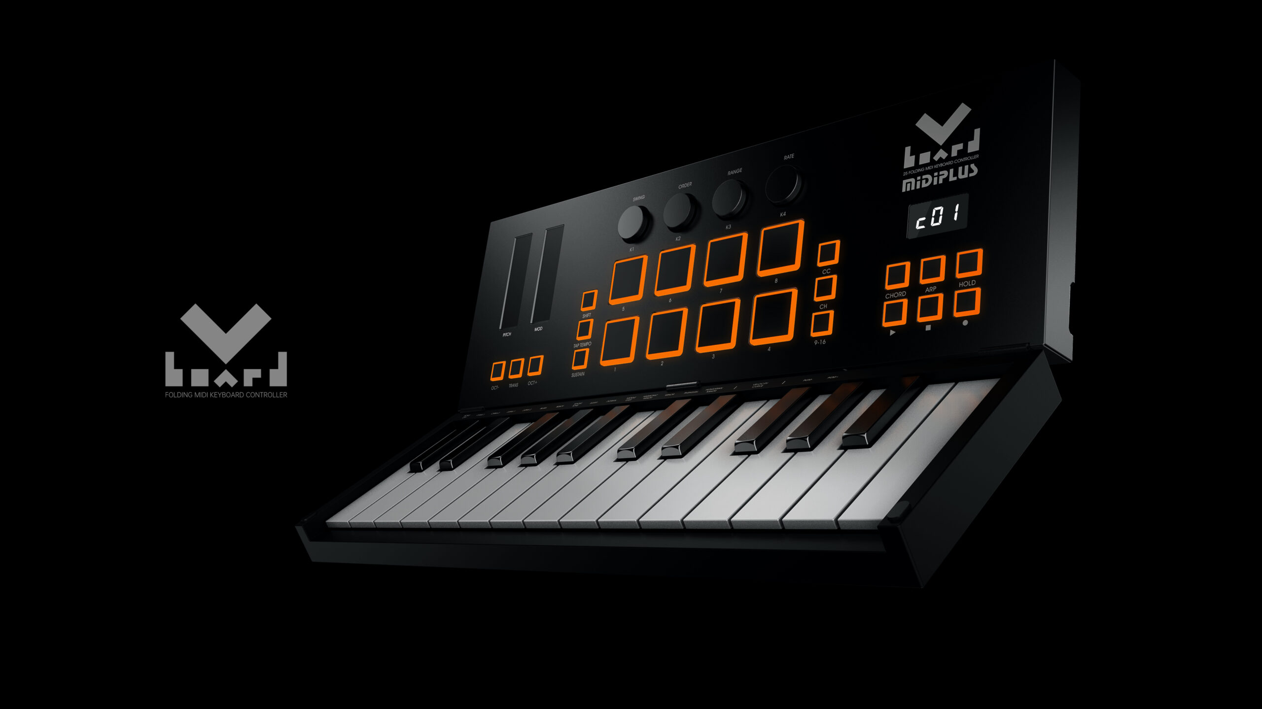A black MIDI keyboard controller with white and black keys, orange-lit buttons, knobs, and sliders on the top panel, set against a black background with the brand logo displayed.
