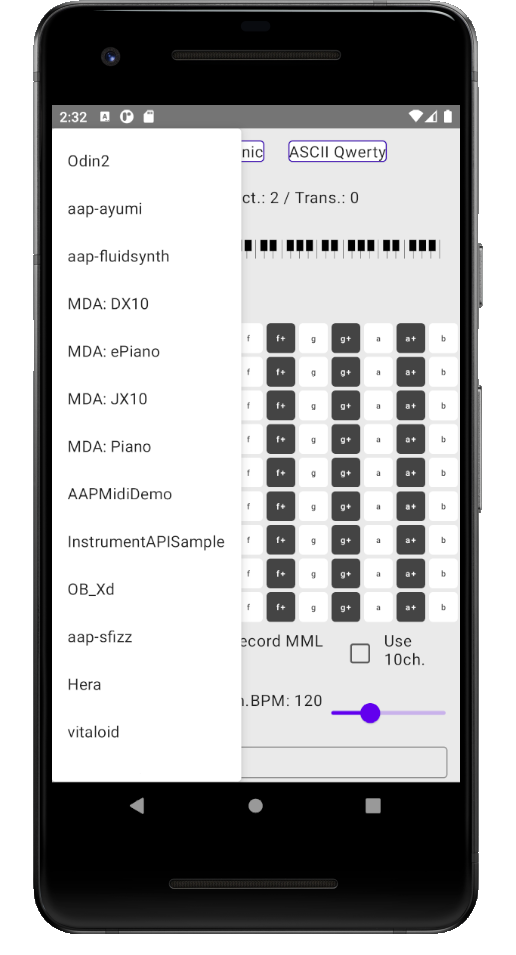 A smartphone screen displays a music app with a dropdown menu listing instrument options, a piano keyboard graphic, control buttons, and settings for tempo and recording.