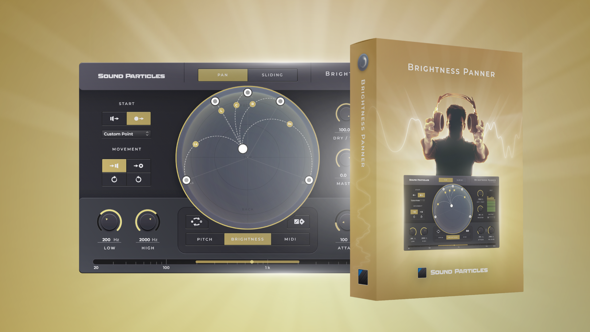 A digital audio plugin interface with a circular control panel and various sliders is displayed beside a software box labeled Brightness Panner featuring a silhouette of a person wearing headphones.