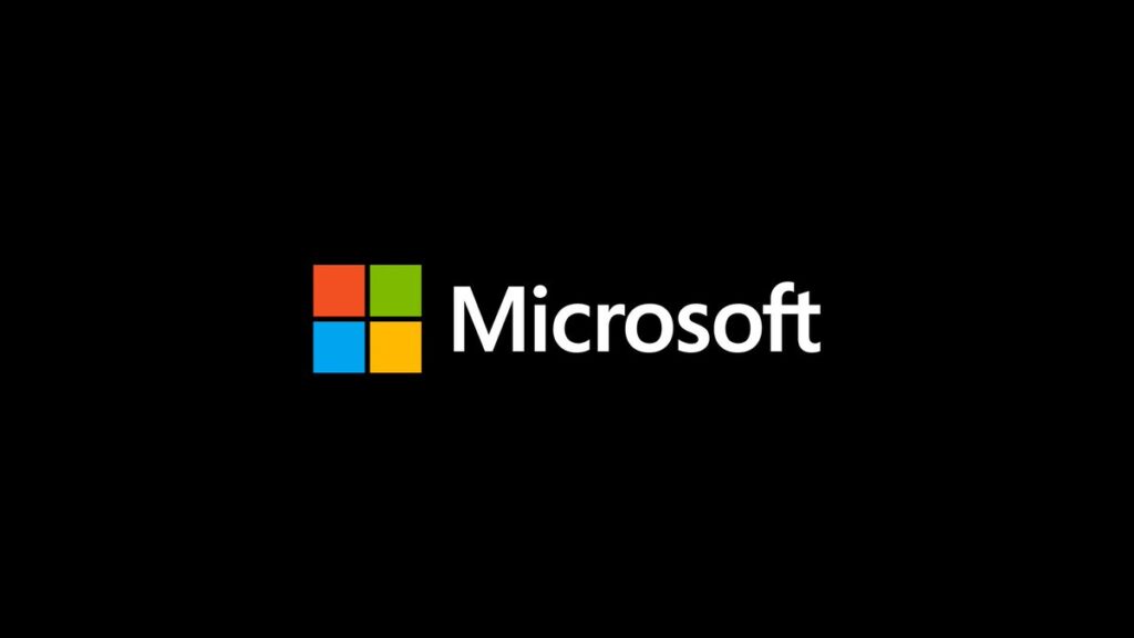 Microsoft logo featuring four colored squares—red, green, blue, and yellow—arranged in a grid, next to the word Microsoft in white text on a black background.
