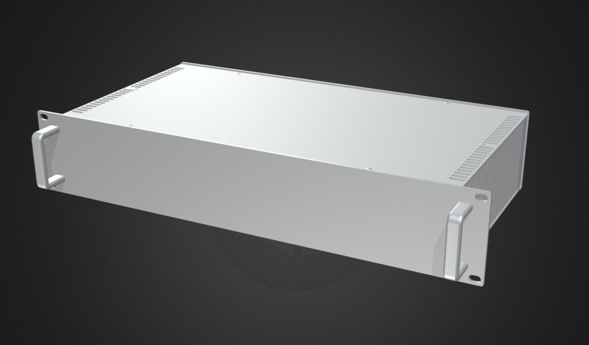 A silver metal rackmount server chassis with two front handles, ventilation slots on the sides, and no visible buttons or ports, set against a dark background.