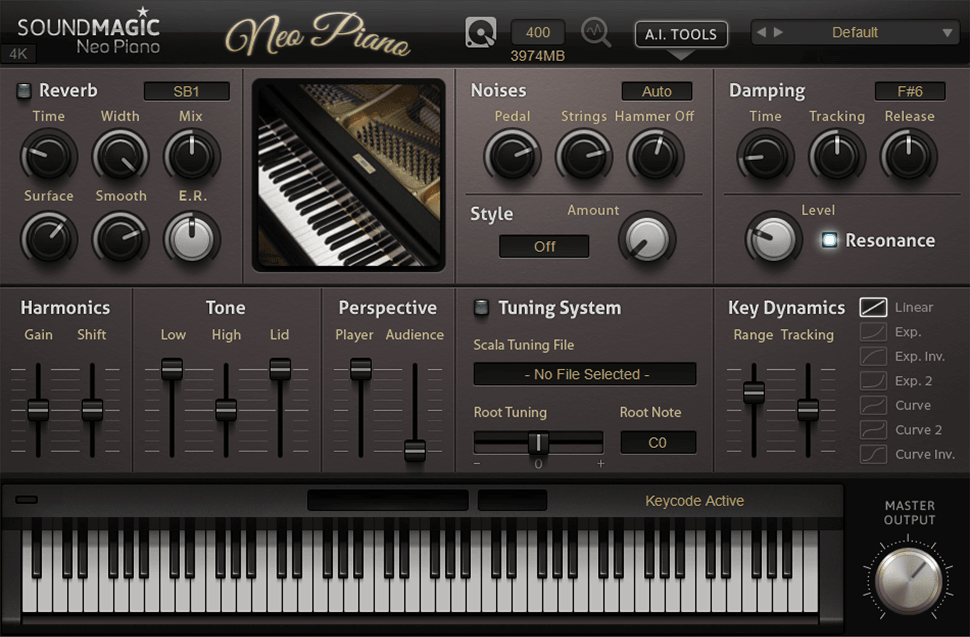 A digital piano software interface with controls for reverb, noises, damping, tuning, key dynamics, and perspective. At the center is a photo of piano keys, with a virtual keyboard at the bottom.