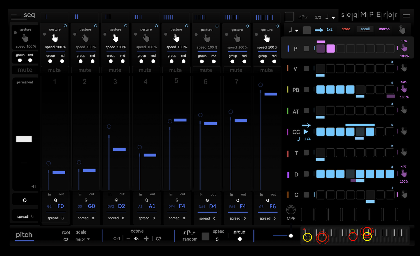 A digital music sequencer interface with eight vertical tracks, control knobs, mute buttons, and blue step indicators. On the right, there are sequencer grids with patterns and playback controls at the bottom.
