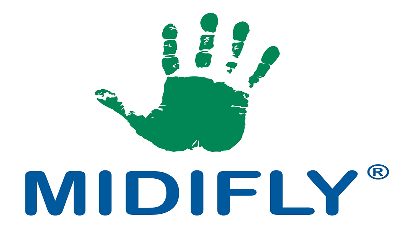 A green handprint is centered above the word “MIDIFLY” written in bold blue capital letters. A registered trademark symbol appears at the end of the word.