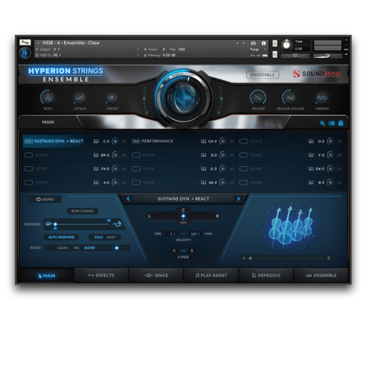 A digital interface for the Hyperion Strings Ensemble virtual instrument, displaying various controls, settings, and an illustration of string instruments in a modern, blue-themed layout.