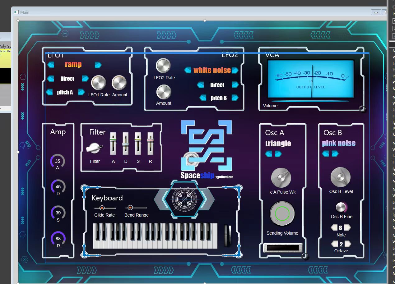 A futuristic synthesizer software interface with controls for LFO, VCA, amp, filter, oscillators, and keyboard. Blue and purple graphics, sliders, knobs, and a digital screen are displayed on the main panel.