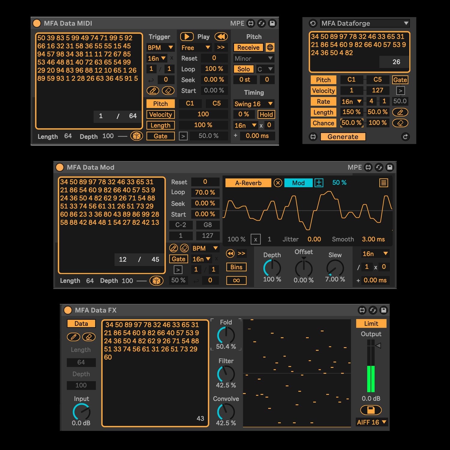 Screenshot of four music software plugin interfaces with orange and black color scheme, showing data grids, modulation graphs, sliders, knobs, and options for MIDI, effects, pitch, velocity, and random data generation.