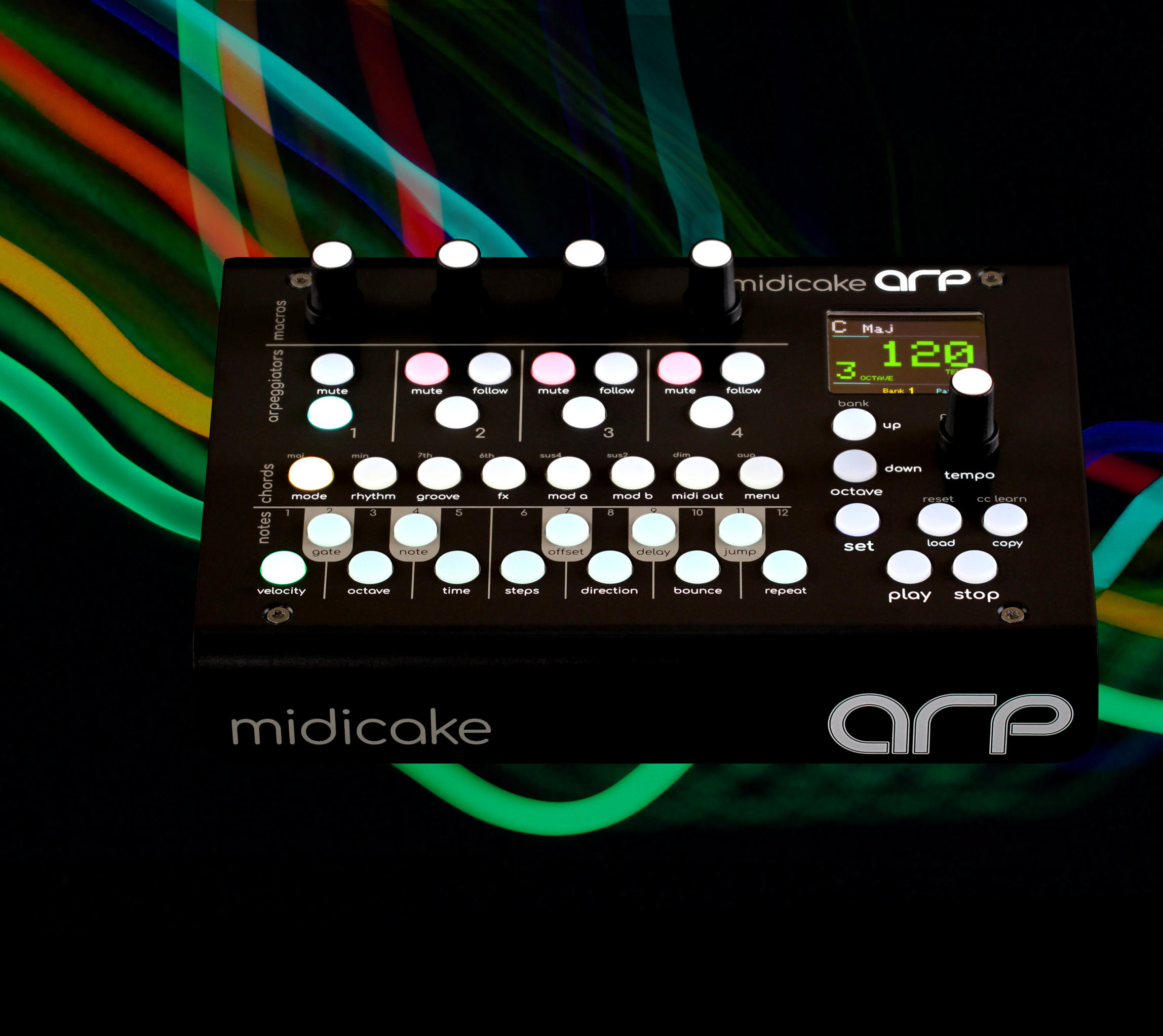 A black midicake ARP MIDI sequencer with glowing white, pink, and green buttons, set against a black background with colorful, wavy light streaks. A digital display shows settings and tempo.